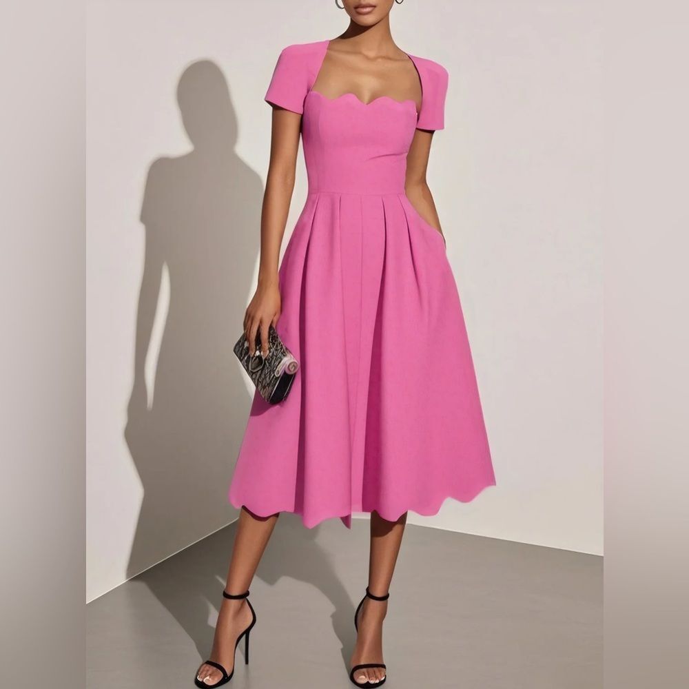 Fehaute Scalloped Square Neck Short Sleeve A-Line Midi Dress in Rose Red 4 NWOT
